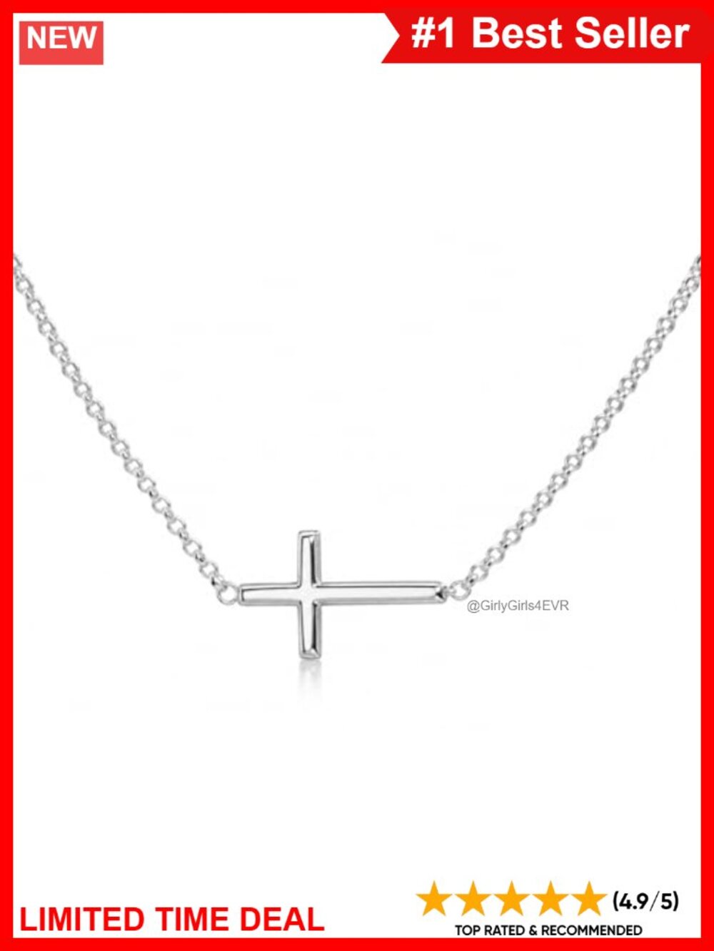 Sterling Silver Horizontal Cross Necklace 16-18 Inch Adjustable